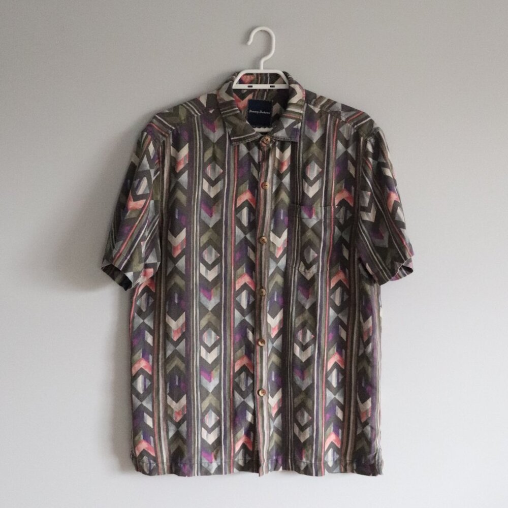Tommy Bahama Mens Silk Lrg Island Zone Geometric Aloha Button Down Collared‎ Top